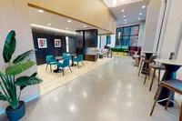 Apt CoWork First Floor at Sugarmont Apartments in Salt Lake City Modern communal lounge featuring stylish turquoise chairs, chic tables, and vibrant greenery in a spacious, well-lit setting at Apt CoWork at Sugarmont Apartments in Sugar House