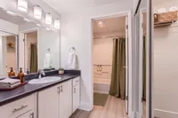 Elegant bathroom featuring sleek double vanity with modern lighting, large mirror, and inviting shower area with earth-toned accents.
