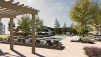 Resort Style Pool and Patio with Lounging Areas and Pergola