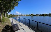 Curved lakeside path with black railing, wooden benches, and tree-lined shade overlooking calm water.