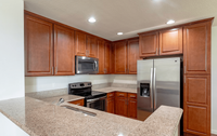 Modern kitchen with sleek granite countertops, stainless steel appliances, rich wooden cabinets, and ample lighting.