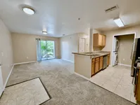 Bright and spacious apartment with an open-concept living area, modern kitchen, and large windows leading to a serene balcony view.