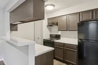 Modern kitchen with sleek brown cabinetry, elegant countertops, and black appliances.
