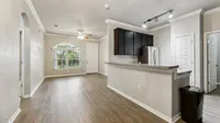 Bright modern apartment interior with open-plan layout, featuring elegant wood flooring, a sleek kitchen with dark cabinets and granite countertops, and a sunlit living area with a large arched window.