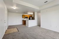 Modern open-concept living area with plush carpet and a sleek kitchen featuring wooden cabinetry and granite countertops.