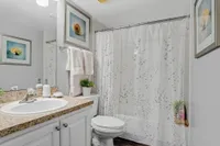 Elegant bathroom with granite countertop, stylish art decor, and a serene shower space featuring a floral curtain.