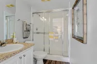 Elegant bathroom showcasing a glass-enclosed shower, granite countertop, and modern fixtures, enhanced by soft lighting and stylish decor.