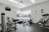 Bright and modern apartment fitness center with state-of-the-art gym equipment and large windows overlooking serene outdoor views.