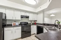 Modern kitchen with sleek black appliances, elegant countertops, and bright white cabinetry, complete with a dual sink and stylish lighting.