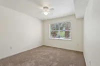 Bright and inviting bedroom with plush carpet, ceiling fan, and large window providing natural light and garden views.