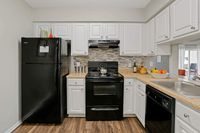Contemporary kitchen with sleek black appliances, elegant cabinetry, and cozy wood flooring.