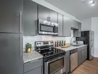Modern kitchen with sleek dark cabinetry, stainless steel appliances, and elegant granite countertops, offering a stylish and functional space.