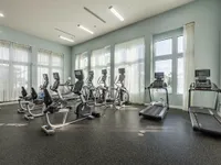 Bright and spacious gym with modern exercise equipment, large windows, and welcoming atmosphere.