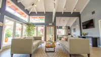 Bright and inviting living room with modern sofas, large windows, high vaulted ceiling, and lush greenery views.