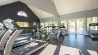 Bright and modern fitness center featuring state-of-the-art treadmills and spin bikes, offering a vibrant workout space with large windows overlooking lush greenery.