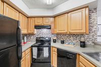 Modern kitchen with sleek black appliances, stylish wooden cabinets, and eye-catching mosaic tile backsplash.