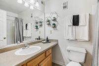 Modern bathroom with elegant hexagonal shelves, stylish vanity, and cozy decor, exuding a welcoming and refreshing ambiance.