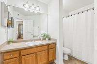 Bright and inviting bathroom with modern lighting, sleek counter space, and wooden cabinetry, offering a cozy and elegant feel.