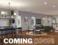 Coming Soon to Slates at Powdersville Modern open-concept apartment with a stylish kitchen, elegant dining area, and vibrant working space, soon at The Slates at Powdersville.