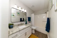 Elegant bathroom with modern vanity, large mirror, and stylish decor, complemented by a spacious bathtub and marble countertop.