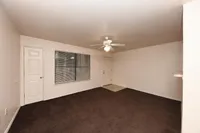 Spacious living room with carpet