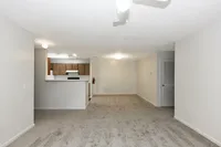 Spacious living room with carpet