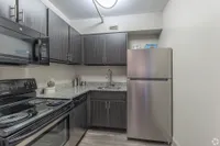 Modern kitchen with sleek dark cabinetry, stainless steel appliances, and elegant granite countertops.