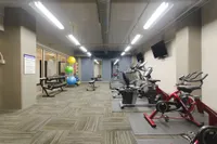 Modern fitness center with state-of-the-art exercise bikes, treadmills, and vibrant yoga balls, creating an inviting workout atmosphere.