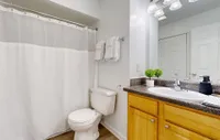 Bright bathroom with granite counters and bathtub