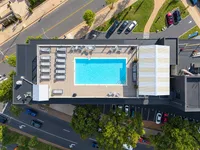 Aerial Rooftop Pool and Streetscape