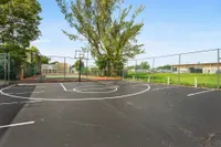 Inviting outdoor basketball court with lush greenery and clear blue skies, perfect for community activities and leisure.