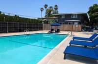 Large swimming pool with blue lounge furniture