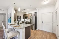 Contemporary kitchen with sleek granite countertops, stainless steel appliances, and inviting breakfast bar with elegant seating.