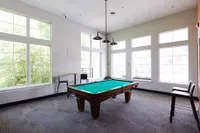 Bright and inviting rec room with a pool table and large windows offering natural light and lush garden views.
