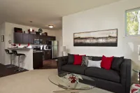 Modern apartment living space featuring a cozy sofa with colorful cushions, a sleek glass coffee table, and a stylish open-concept kitchen with dark cabinetry.