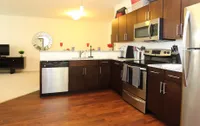 Modern kitchen with sleek stainless steel appliances, elegant dark wood cabinetry, and chic granite countertops, featuring a stylish open layout with hardwood floors.