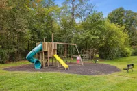 Charming outdoor playground with vibrant slides and swings, nestled in a lush green park setting.