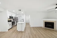 Modern open-concept apartment with sleek kitchen, stainless steel appliances, and inviting fireplace with elegant hardwood flooring.