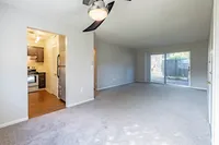 Bright and airy living space with an open connection to a sleek modern kitchen featuring stainless steel appliances and warm wood flooring, complemented by plush carpeting and a large sliding glass door leading to a serene outdoor view.