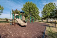 Inviting apartment community playground with a modern slide set amidst lush trees, perfect for family fun.