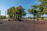 Inviting playground with modern slides and swings surrounded by lush greenery, perfect for family fun.