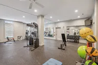 Bright and spacious apartment gym with modern exercise equipment, including weights, a treadmill, and yoga balls, inviting fitness enthusiasts.