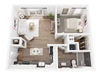 Charming 3D floor plan showcasing a cozy 1-bedroom apartment with a modern kitchen, inviting living room, and elegant bathroom, complete with in-unit laundry facilities.