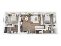 Modern 3D floor plan featuring two cozy bedrooms, a sleek open-concept living and dining area, and a fully equipped kitchen with wood flooring, ideal for contemporary living.