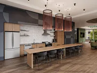 Modern open-concept kitchen and dining area featuring sleek wooden cabinetry, stylish seating, and contemporary lighting.