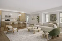 Elegant open-concept living room with modern kitchen, featuring cozy furniture, light wood cabinetry, and stylish decor.