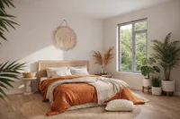 Elegant bedroom with earthy tones and large window view, featuring a cozy woven bed and vibrant greenery.
