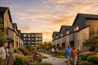 Charming residential community featuring modern townhouses, manicured gardens, and happy residents enjoying a vibrant sunset.