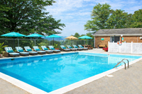 Sunny poolside retreat with umbrellas