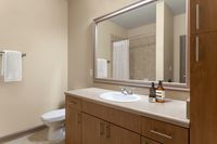 Modern bathroom with wooden cabinets, large mirror, and elegant countertop.